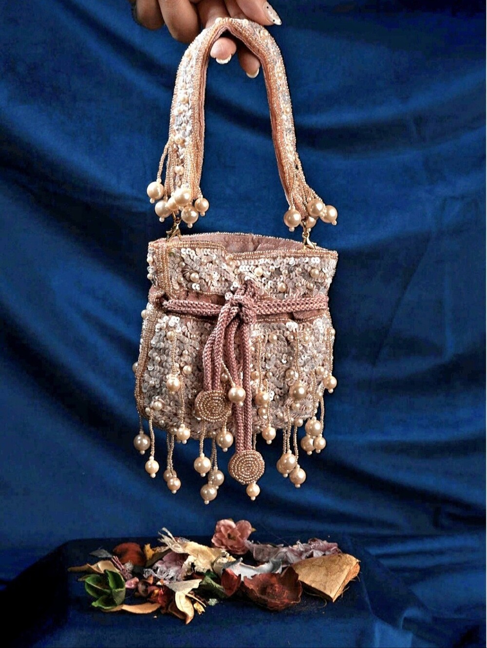 Embellished Pink Sequin Drawstring Evening Bag